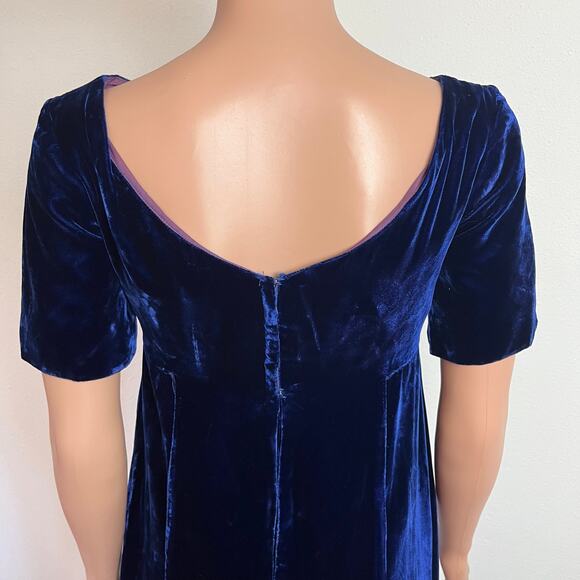 Vintage 60s Blue‎ Velvet Empire Waist Maxi Dress // Size XS - Picture 4 of 8